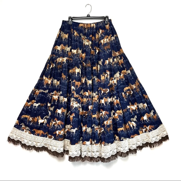 Vintage Dresses & Skirts - Vintage Handmade Wild Horses Boho Fringe Full Circle Maxi Skirt